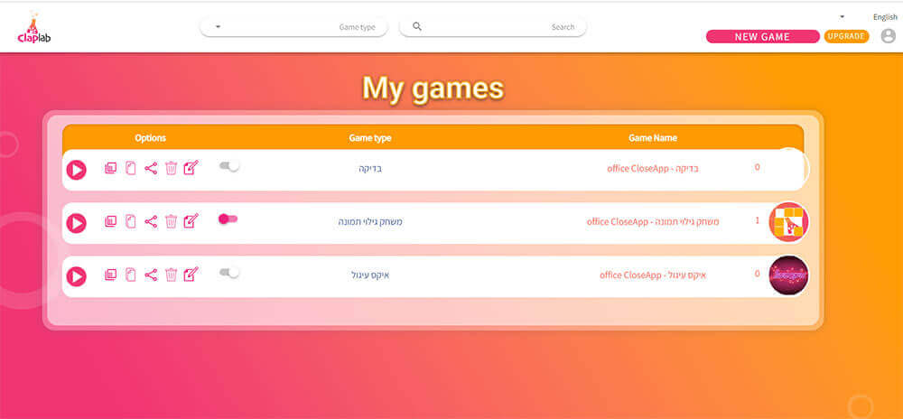 Screenshot of the new design of the ClapLab game generator