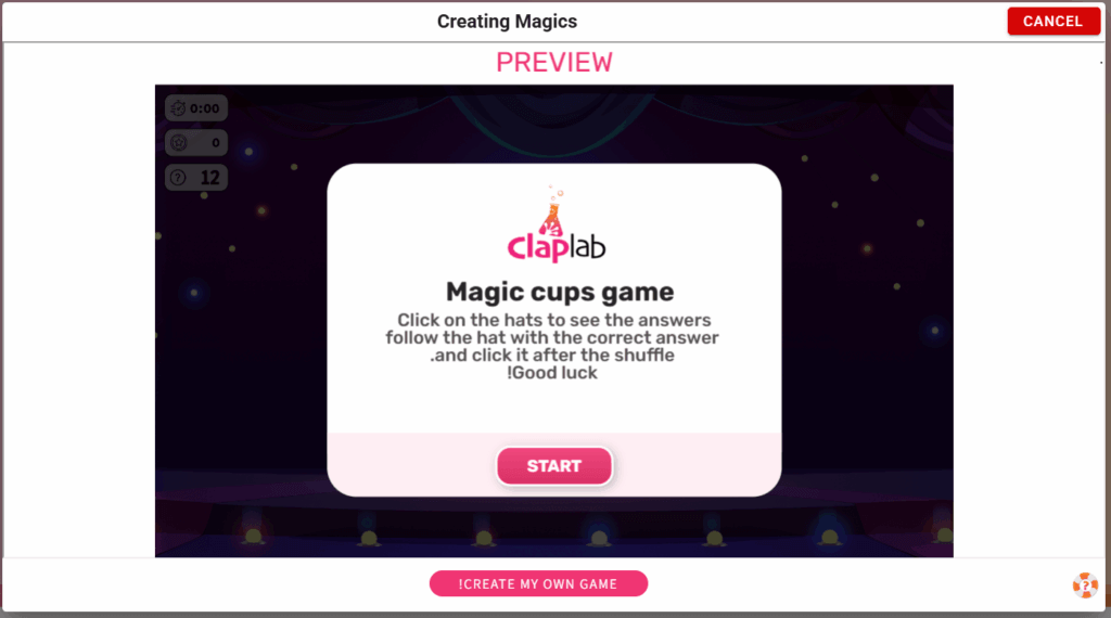 משחק עושים קסמים לדוגמה לפני יצירת המשחק