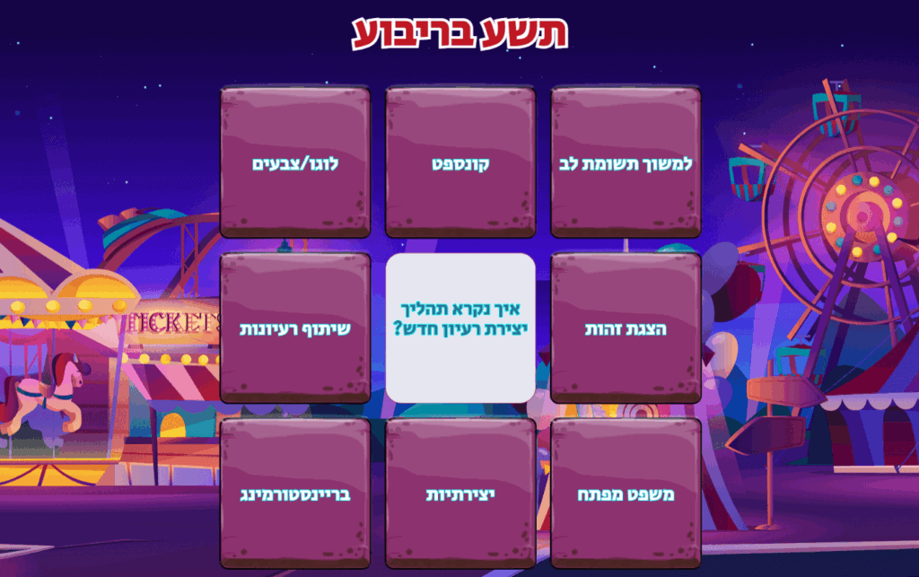 יצירת משחק תשע בריבוע חידות טריויה שנחשפות אחת אחרי השניה ויוצרות משחק מסע מושלם