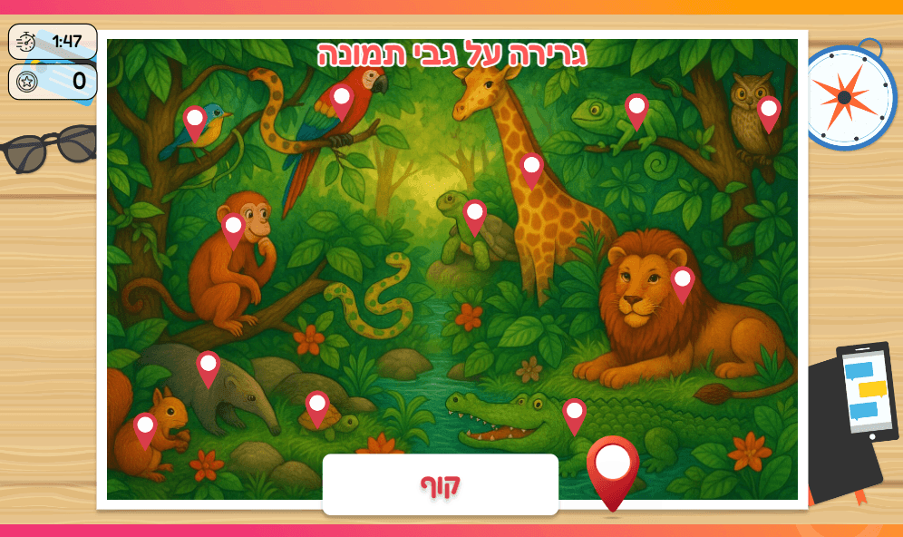 תחילת המשחק מיקום על גבי תמונה - גררו את ההגדרה למקום הנכון בתמונה